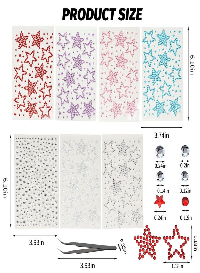 PKRFCJ 7 Pack Self-Adhesive Star Face Rhinestone Gem Stickers and 1 Black Tweezers - Suitable for Face, Eyes, Makeup, Body, Hair, Stick Gems, Y2K Star Stickers for Kids, Women - Image 2
